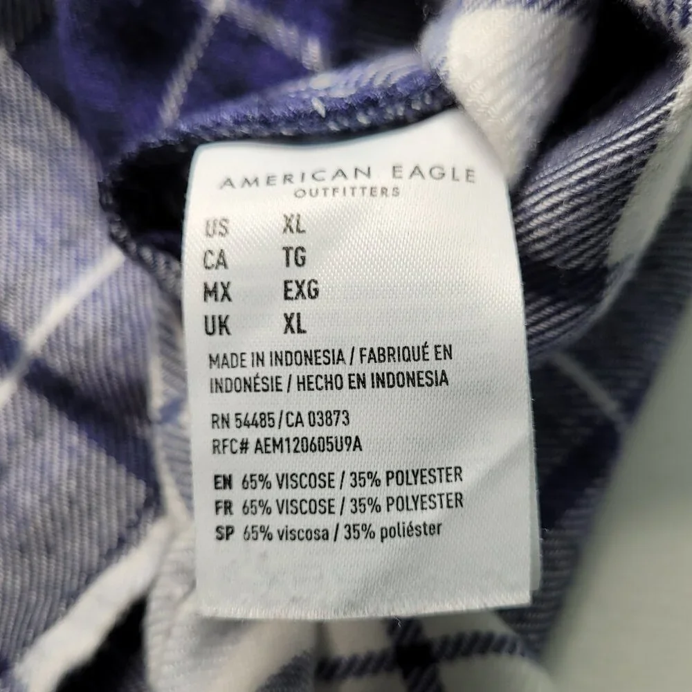 American Eagle Plaid Flannel Button-Up Shirt Blue White Boyfriend Fit XL Grunge - Picture 7 of 10